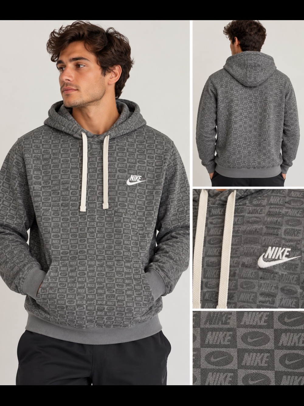 Nike All Over Logo Print Gray Pullover Hoodie Men’s Large 👽